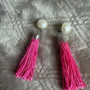 Pink Tassel Earrings with Pearl Accents